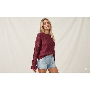Dokotoo Burgundy Crochet Lace‎ Sleeve Pointelle Knit Ruffle Cuff Sweater Small